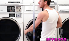 Horny beauties being naughty and fucking in the laundry room