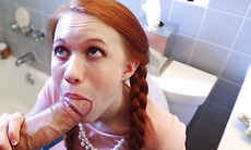 Dolly Little stuck in toilet and must suck cock