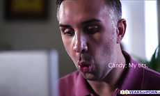 Candy deepthroats cock and fucks with her online chat mate in a public cafe