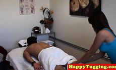Busty asian handjob masseuse jerking client