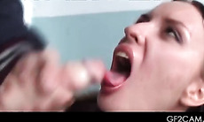 Wild girlfriend giving BJ gets mouth jizzed on camera