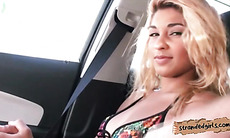 Stranded beach latina pussy gets slammed on the backseat of the car and swallows his cum